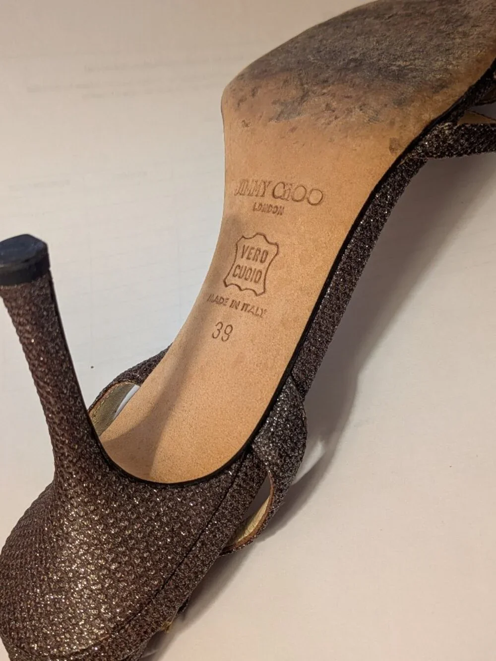 JIMMY CHOO SANDALS / brown embossed subtle sparkle fabric, thin strap  / size 39